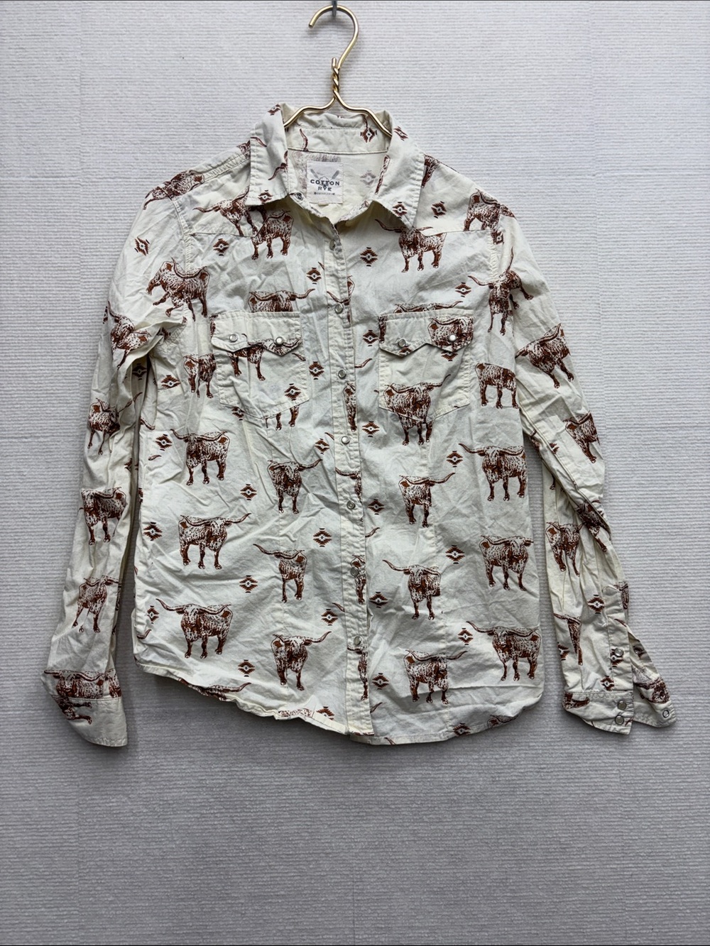 Cotton & Rye | small Cream Button-Down Shirt Brown Longhorn Print pearl snap